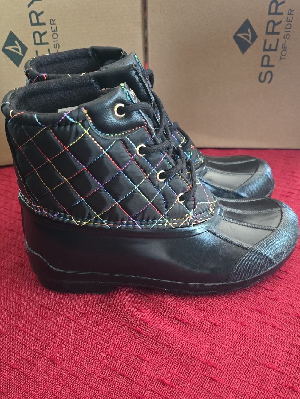 Sperry Kids Black Quilted Rain Boots with Rainbow Stitching